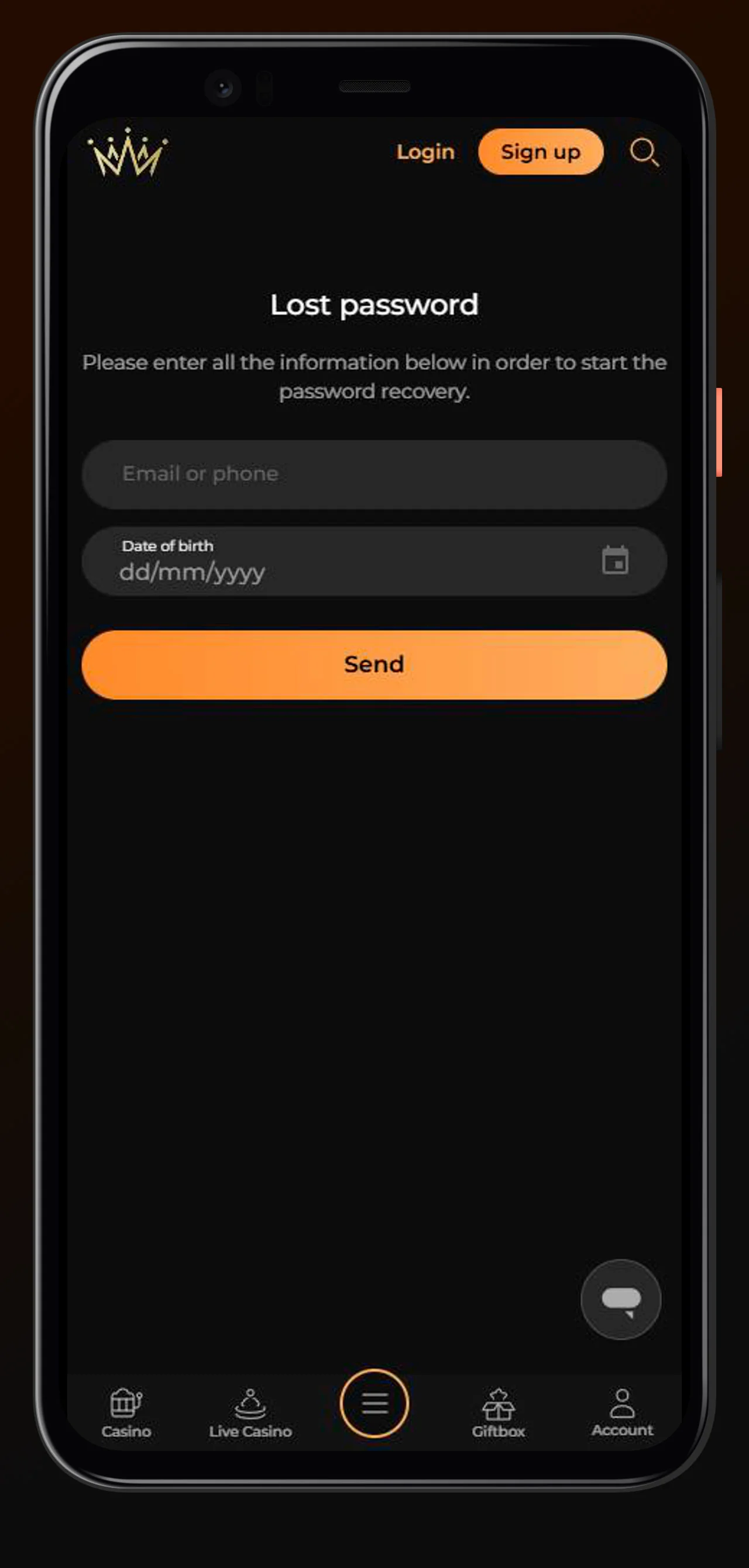 reset password princesscasino